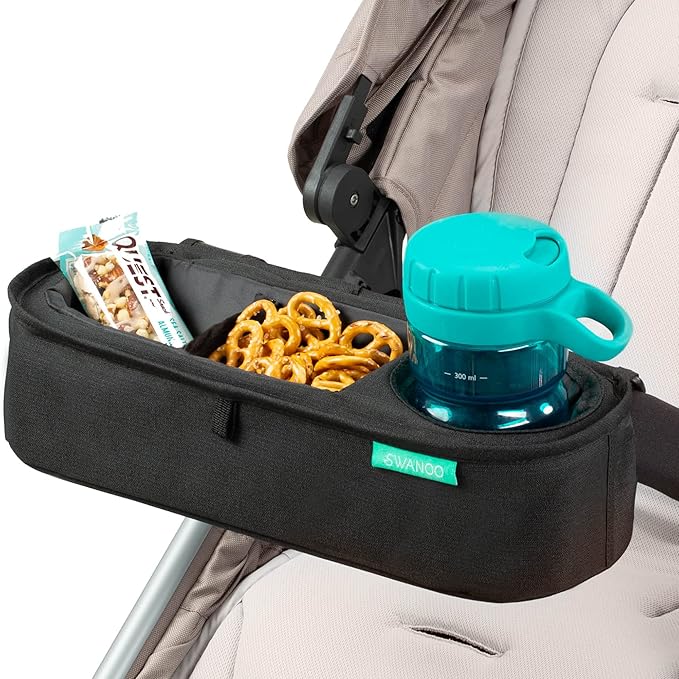 Universal Stroller Tray with Insulated Sippy Cup Holder - Upgraded Rigid Frame Stays Upright - Exclusive Non Slip Straps Firmly Grip Stroller Bar. Universal Stroller Snack Tray Attachment-BubblyBeeBaby