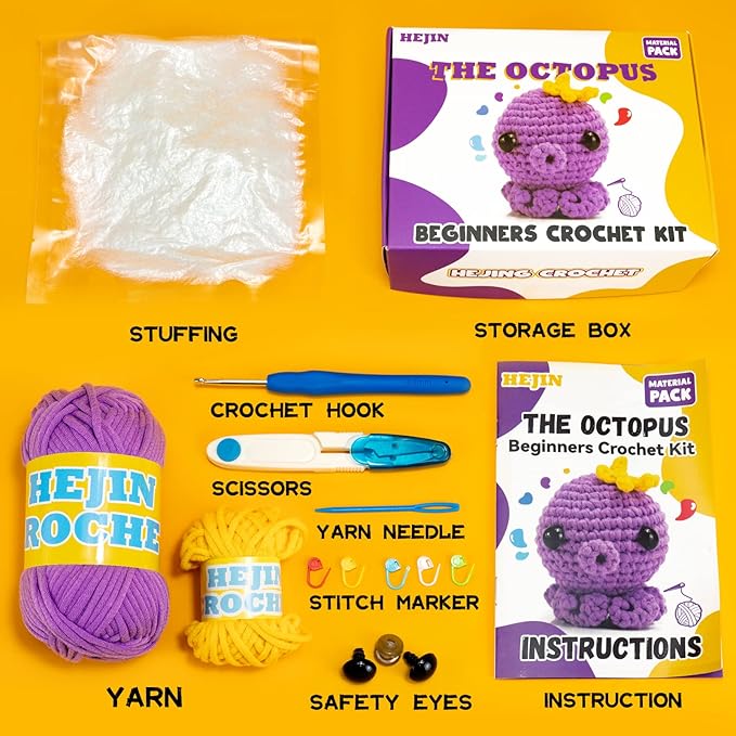 HEJIN Crochet Kit for Beginners, Beginner Crochet Kit for Adults Kids, Octopus Crochet Animal Kit Include Videos Tutorials, Yarn, Eyes, Stuffing, Crochet Hook- Boys and Girls Birthdays Gift-BubblyBeeBaby