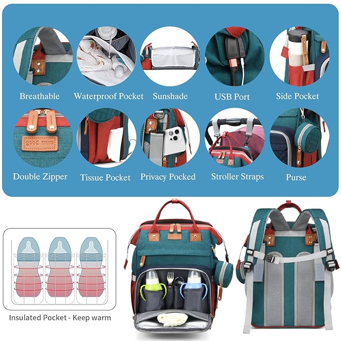 Jeryswet Baby Diaper Bags with Changing Station, Waterproof Large Capacity Diaper Bag Backpack for Moms Dads with USB Charging Port and Stroller Straps, Baby Shower Gifts, RGB-BubblyBeeBaby