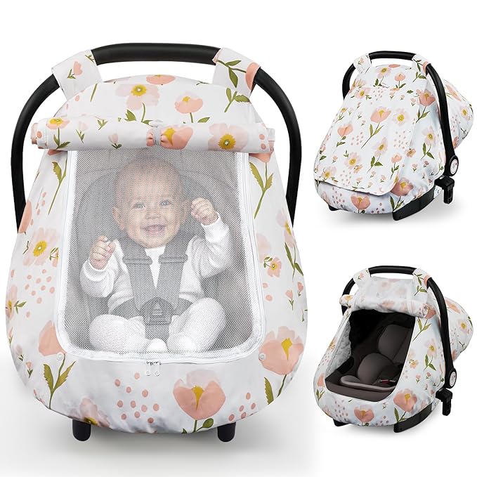 Elstey Car Seat Cover Baby, Minky Dot Carseat Covers Baby Girls, Lightweight Infant Car Seat Cover Canopy with 2 Layers Breathable Mesh Windows, Stroller Carrier for Babies Newborn Essentials-BubblyBeeBaby