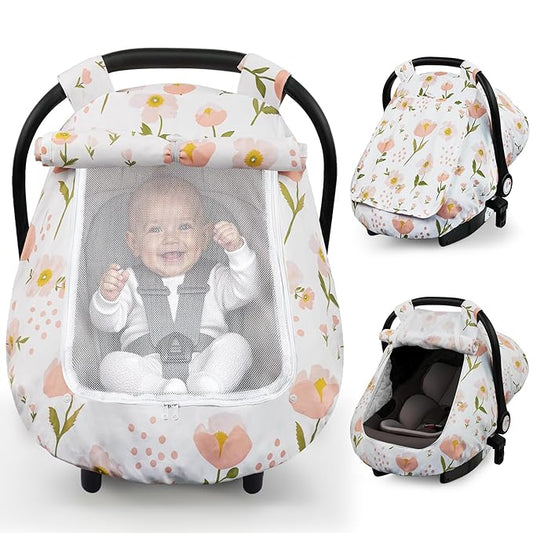 Elstey Car Seat Cover Baby, Minky Dot Carseat Covers Baby Girls, Lightweight Infant Car Seat Cover Canopy with 2 Layers Breathable Mesh Windows, Stroller Carrier for Babies Newborn Essentials-BubblyBeeBaby