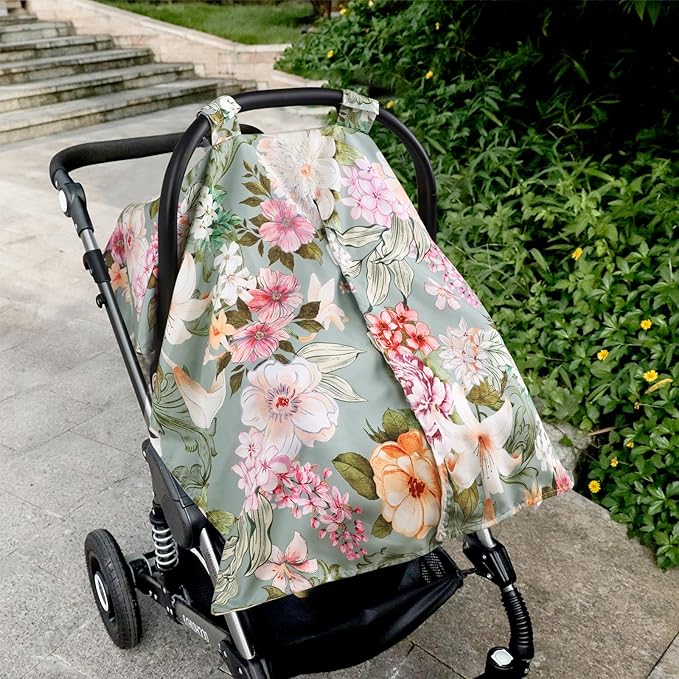 Car Seat Cover Baby, Flroal Infant Car Seat Canopy Covers for Newborn Girls Boys, Soft Breathable Minky Carseat Covers Stretchy Multi-Use Nursing Cover for Stroller Baby Car Seat, Green Leaf-BubblyBeeBaby