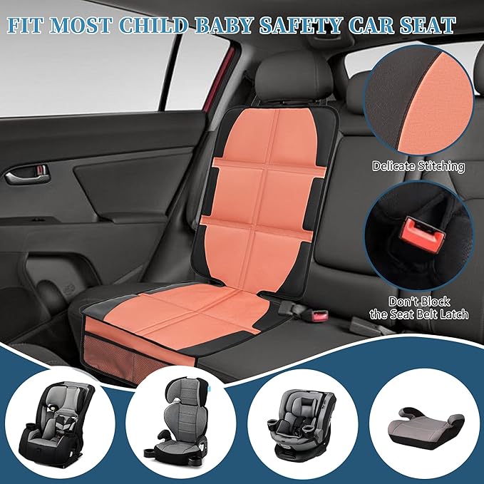 Car Seat Protector for Child, 2 Pack Covers with Mesh Pockets & Non-Slip Backing, 600D Durable Under Seat for Back (Orange, Large)-BubblyBeeBaby
