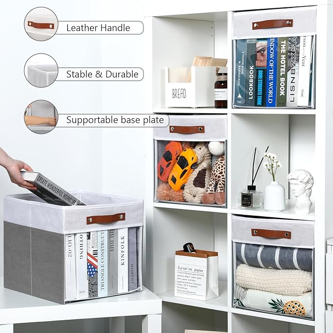 HNZIGE Fabric Cube Storage Bins - 4 Pack 13x15x13 Collapsible Storage Cubes for Organizing Shelves, Closet, Pantry - White, Gray-BubblyBeeBaby