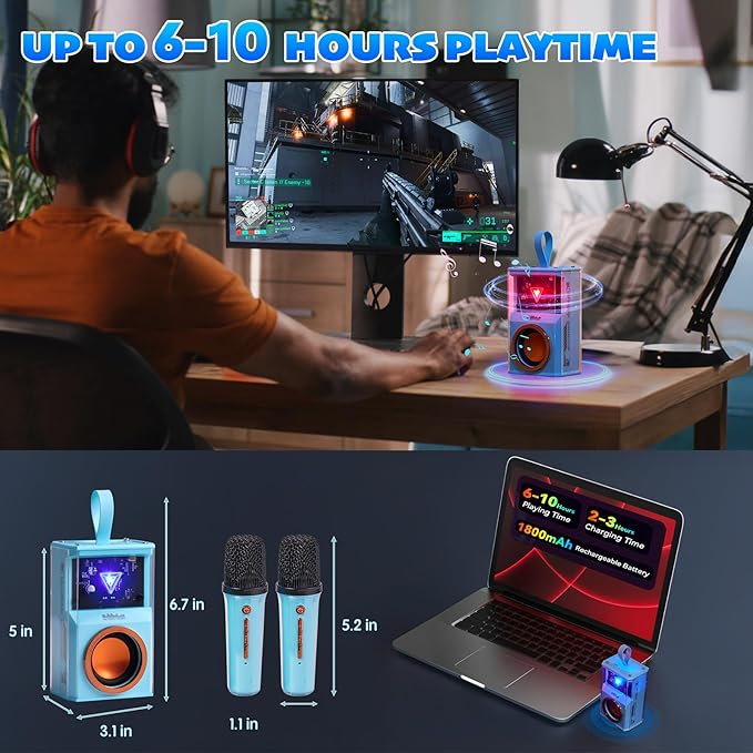 Karaoke Machine for Kids & Adults, Portable Bluetooth Mini Karaoke Speaker with 2 Wireless Microphone and Lights, Birthday Gifts for Girls & Boys, Toys for Girls, Family Home Party (Sky Blue)-BubblyBeeBaby