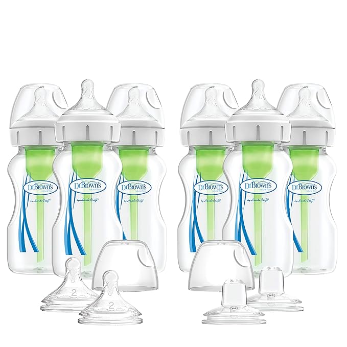 Dr. Brown's Natural Flow Anti-Colic Options+ Wide-Neck Baby Bottles, 9 oz/270 mL, with Level 1 Slow Flow Nipple, 6 Pack with 2 Bonus Level 2 Nipples & 2 Sippy Spouts-BubblyBeeBaby