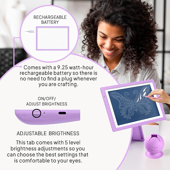 iVyne Rechargeable A4 Light Pad for Tracing & Weeding - LED Light Board for Weeding Vinyl - for Cricut Vinyl Weeding Tools - Ultra-Thin & Portable - Perfect for Artists & Crafters - Purple-BubblyBeeBaby