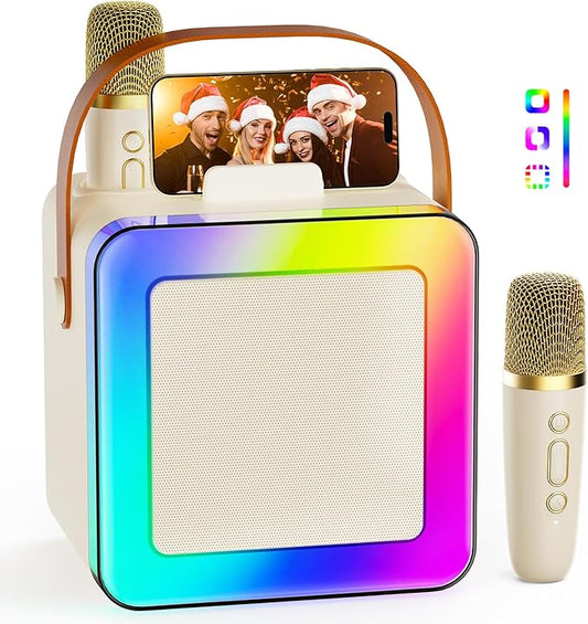 Karaoke Machine for Kids Adults, Portable Bluetooth Karaoke Speaker with 2 Wireless Microphones, Karaoke System with Mics Storage Hole and Lights, Birthday Gifts for Girls Boys Family Home Party-BubblyBeeBaby
