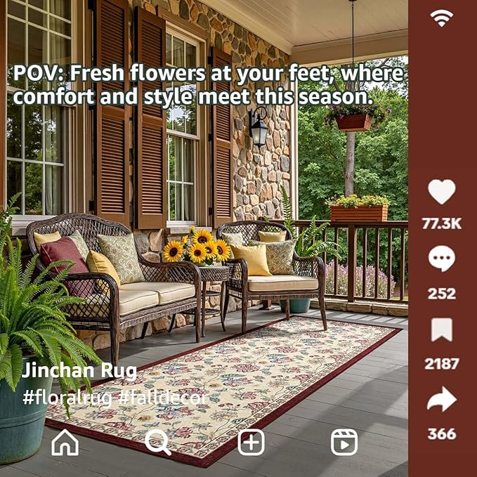 jinchan 3x10 Floral Runner Rug for Hallway Washable Kitchen Runner Vintage Romance Design Non Slip Thin Indoor Floor Cover Low-Profile Throw Carpet for Entryway Bathroom Bedroom Porch, Red/Beige-BubblyBeeBaby