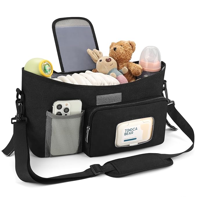 Accmor Universal Stroller Organizer with Insulated Cup Holder, Stroller Caddy Bag Accessories, Stroller Cup Holder Organizer for Uppababy Baby Jogger Britax Stroller, Black-BubblyBeeBaby
