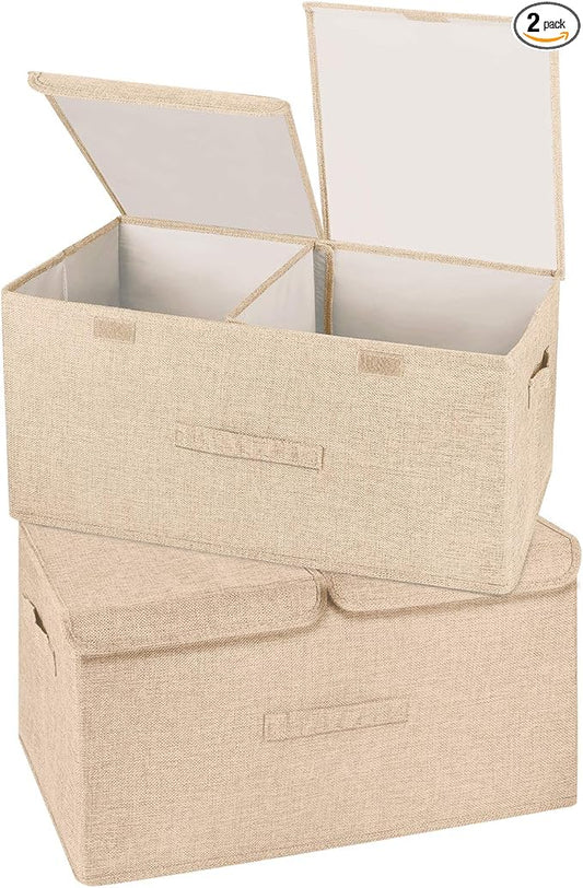 2 Pack Large Storage Boxes with Lids and Handles, Collapsible Linen Storage Bins Organizer Containers Baskets Cube with Removable Divider for Home Bedroom Closet Office (Khaki, Large)-BubblyBeeBaby