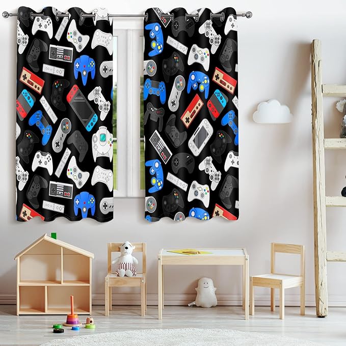 Jekeno Game Controller Blackout Curtains for Kids Boys Teens Bedroom Colorful Video Game Gamer Gaming Gamepad Decor for Home Living Room Grommet Window Drapes 2 Panel Set, 52"x84"-BubblyBeeBaby