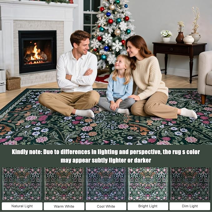 10x14 Area Rugs for Living Room: Floral Washable Rug Vintage Large Soft Boho Non-Slip Carpet Stain Resistant Low Pile Carpets for Bedroom Dining Room Farmhouse Nursery Hallway Home Office Dark Green-BubblyBeeBaby