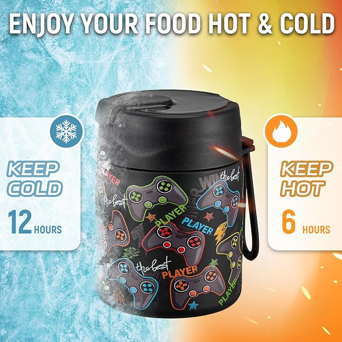 17oz Soup Thermo for Hot Food Kids Insulated Vacuum Food Jar with Stainless Steel Spoon Wide Mouth Thermo Leakproof Lunch Food Container Kids Hot Lunch Box (Black-Game)-BubblyBeeBaby