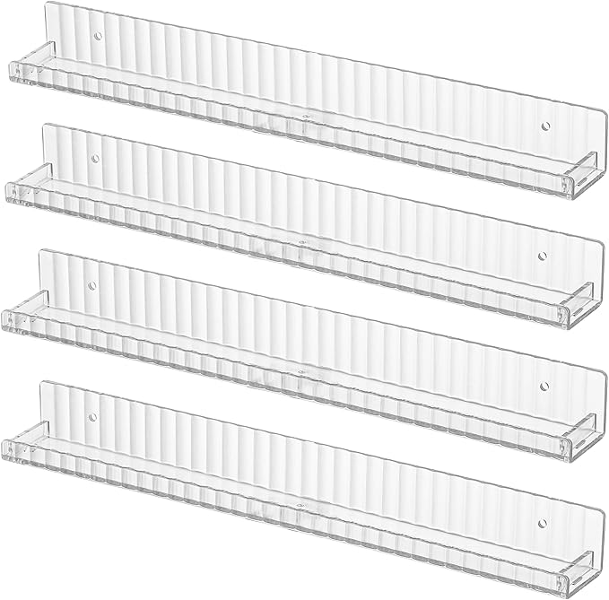 IEEK Floating Book Shelf for Wall,4 PCS Clear Acrylic Wall Bookshelf for Kids Room,Vertical Stripes Display Shelf with Removable Anti-Slip End Inserts for Bedroom Living Room Nursery Decor and Storage-BubblyBeeBaby