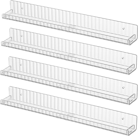 IEEK Floating Book Shelf for Wall,4 PCS Clear Acrylic Wall Bookshelf for Kids Room,Vertical Stripes Display Shelf with Removable Anti-Slip End Inserts for Bedroom Living Room Nursery Decor and Storage-BubblyBeeBaby