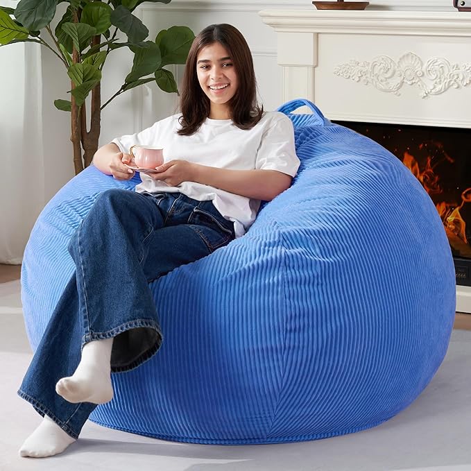 Homguava 3.5FT Bean Bag Chair: Teardrop Bean Bags with Memory Foam Filled, Compact Beanbag Chairs Soft Sofa with Corduroy Cover (Blue)-BubblyBeeBaby
