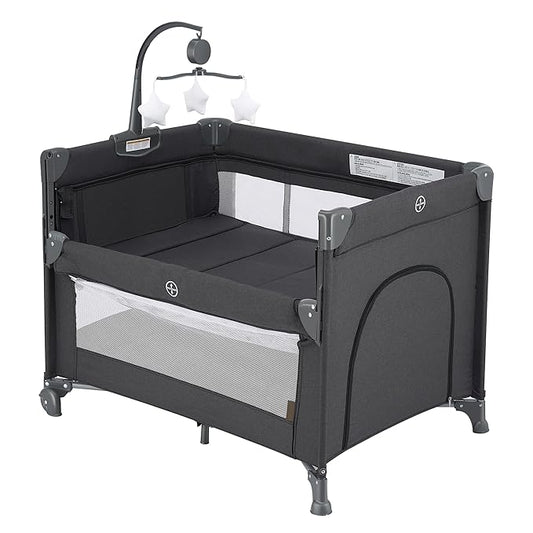 2-in-1 Pack and Play with Mattress,Baby Bassinet Bedside Sleeper, Bedside Bassinet & Baby Playpen, Easy Folding Portable Crib for Newborn to Toddlers (Dark Grey)-BubblyBeeBaby