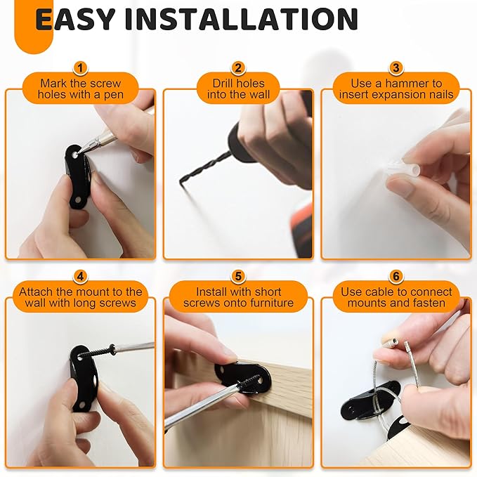 10 Pack Furniture Wall Anchors for Baby Proofing, Anti Tip Furniture Anchors, Secure 400 Pound Furniture, Dresser, Bookcase to Wall Prevent Falling, Earthquake Straps for Child Safety (Black)-BubblyBeeBaby