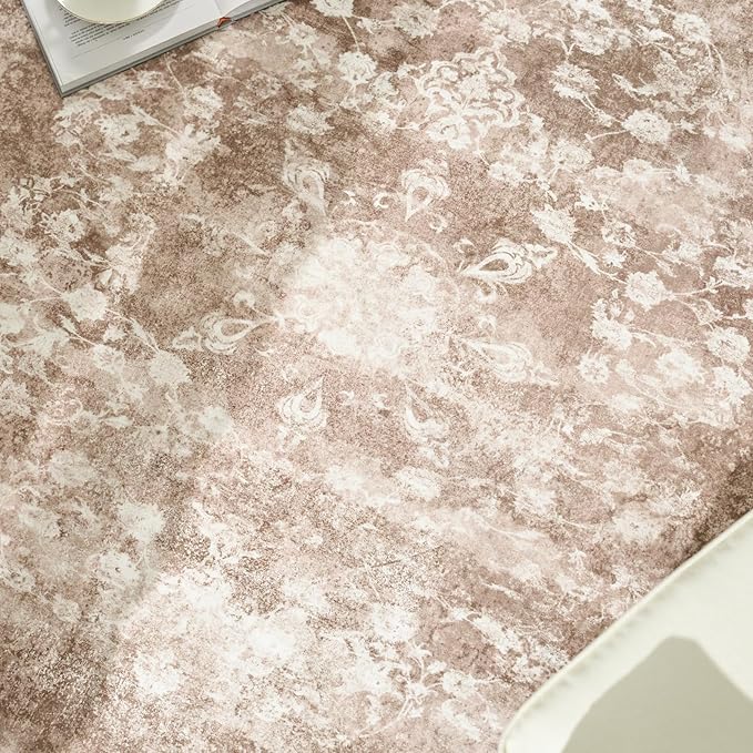 jinchan Round Rug 4ft Area Rug - Brown Vintage Floor Mat Kitchen Indoor - Washable Circle 4' Thin Floral Print Carpet Retro Farmhouse Non Slip Dining Room Living Room Bedroom Office-BubblyBeeBaby