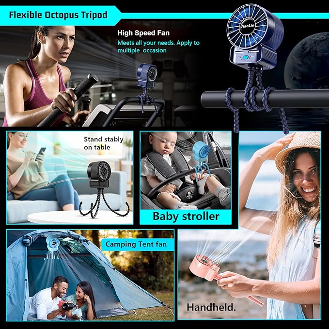 2 Pack Multifunctional Portable Stroller Fan 4 Speed 6600rpm High Speed Usb Rechargeable Personal Mini Handheld Fan Extended Tripod For Desktop Winding Kids Bed Treadmill Bike Golf Cart Outdoor Travel-BubblyBeeBaby