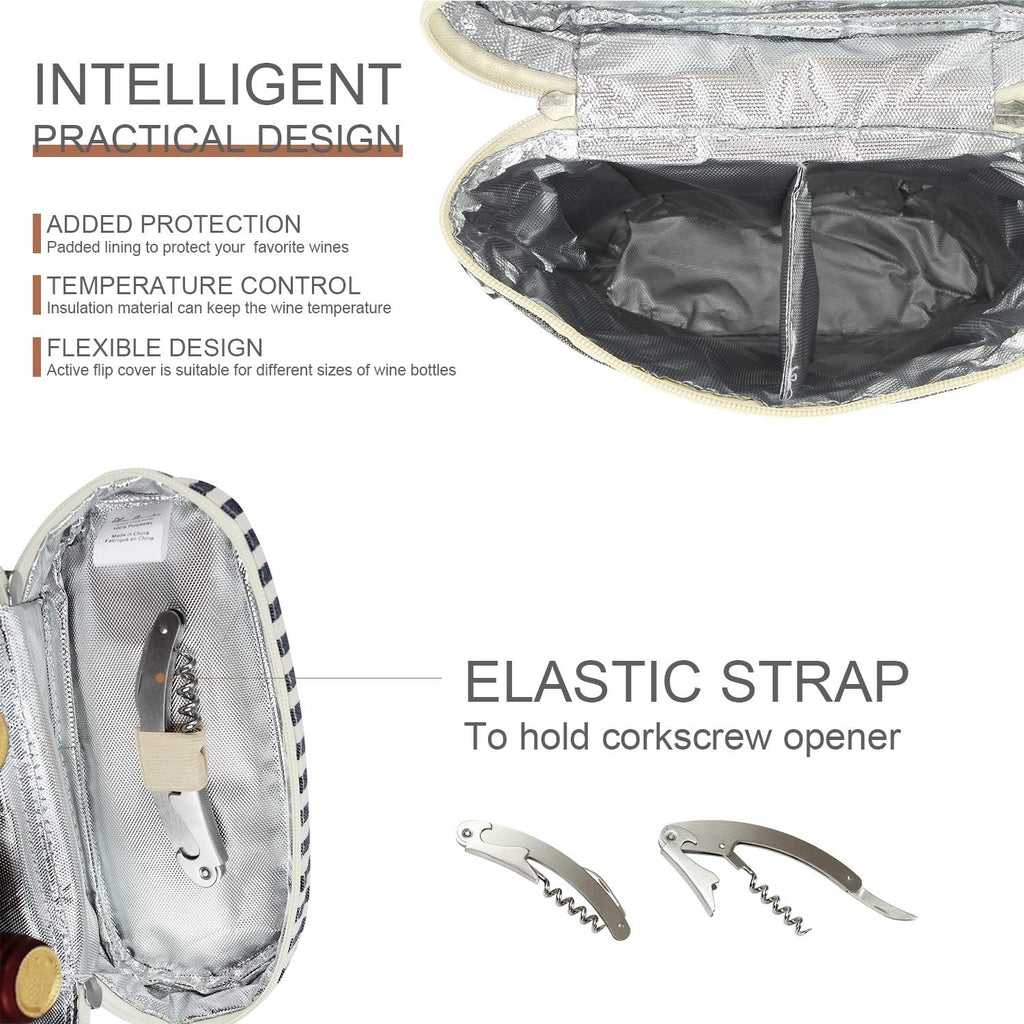 ZORMY 2 Bottle Wine Tote Carrier, Dark Blue, 750 mL Capacity, Polyester Material, With Shoulder Strap and Corkscrew