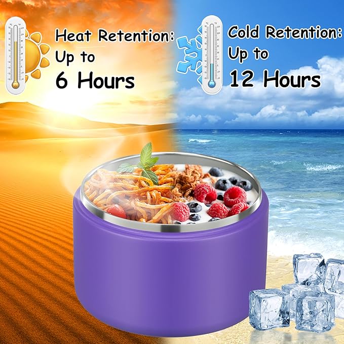 12oz Insulated Vacuum Food Jar with Buckle Lid Wide Mouth Soup Thermo for Hot Food Kids Leakproof Stainless Steel Lunch Container (Purple, 12OZ)-BubblyBeeBaby