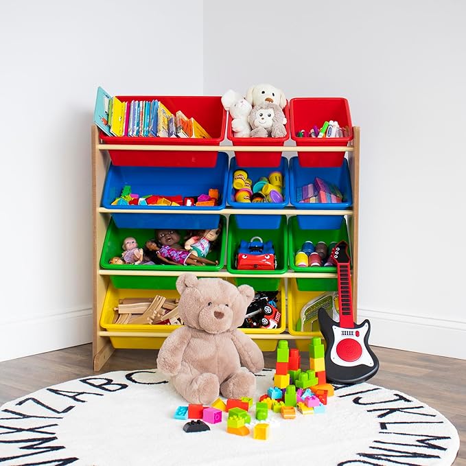 Humble Crew, Natural/Primary Kids' Toy Storage Organizer with 12 Plastic Bins, 34*35*15.5inch-BubblyBeeBaby
