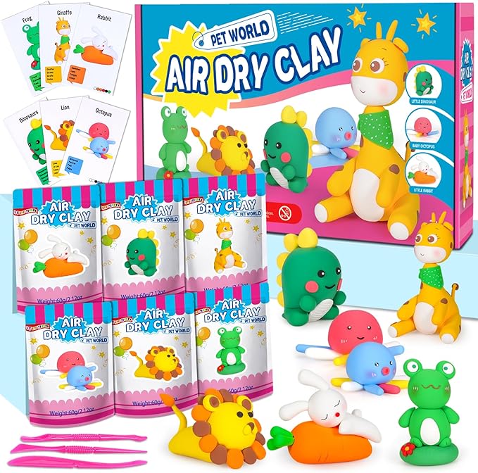ifergoo Air Dry Clay for Kids - Animal Modeling Clay Kit, 6 Animal Designs with Sculpting Tools & Tutorials, Ultra Light & Soft, Arts & Crafts DIY Creative Toys, Gifts for Age 3-12 Girls & Boys-BubblyBeeBaby
