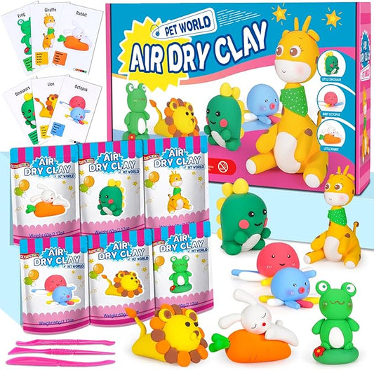 ifergoo Air Dry Clay for Kids - Animal Modeling Clay Kit, 6 Animal Designs with Sculpting Tools & Tutorials, Ultra Light & Soft, Arts & Crafts DIY Creative Toys, Gifts for Age 3-12 Girls & Boys-BubblyBeeBaby