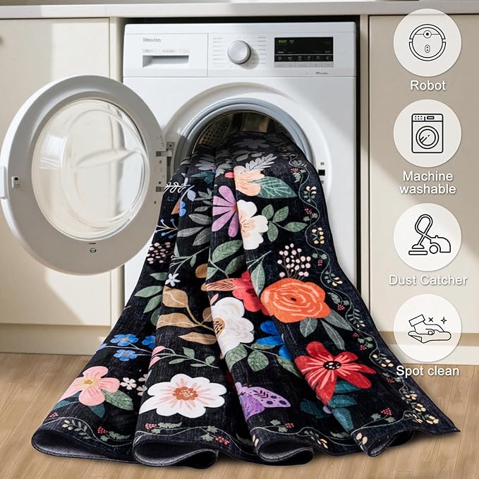 10x14 Area Rugs for Living Room: Floral Washable Rug Vintage Large Soft Boho Non-Slip Carpet Stain Resistant Low Pile Carpets for Bedroom Dining Room Farmhouse Nursery Hallway Home Office Black-BubblyBeeBaby