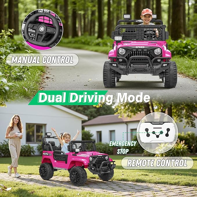 2 Seater Ride On Car Truck with Remote Control XL, Kids 24V Battery Powered Electric Vihicle w/21 in Seat, 3 Speeds, 2WD/4WD Switichable, Shock Absorbers,Bluetooth, Flower, Gift Choice-BubblyBeeBaby