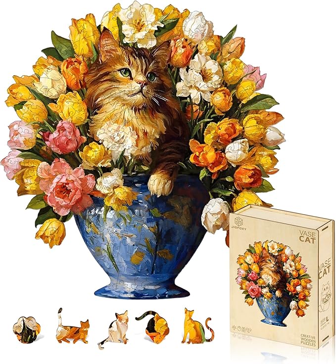 Jigfoxy Wooden Puzzles for Adults, The Vase Cat Wood Puzzles Adult, Unique Animal Shape Wooden Jigsaw Puzzles for Adults, Birthday Gifts for Puzzle Lovers, Family, Friend (S-7.4 * 7.7in-86pcs)-BubblyBeeBaby