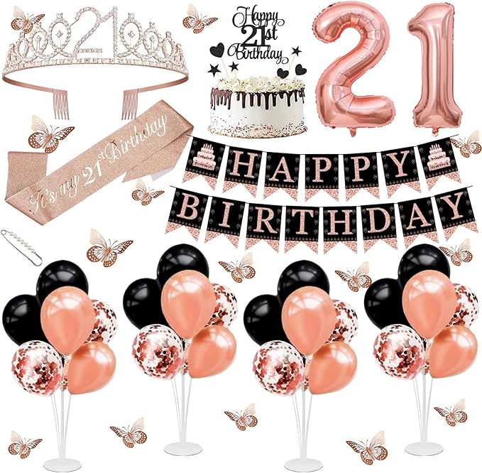 21st Birthday Decorations for Girls Women - 56pcs Rose Gold Happy 21st Banner, 21st Birthday Crown Sash, Cake Topper, Number 21 balloons, 3D Butterflies, 4 Balloon Stands kits-BubblyBeeBaby