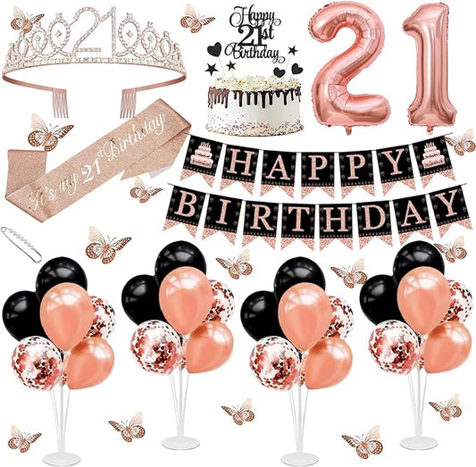 21st Birthday Decorations for Girls Women - 56pcs Rose Gold Happy 21st Banner, 21st Birthday Crown Sash, Cake Topper, Number 21 balloons, 3D Butterflies, 4 Balloon Stands kits-BubblyBeeBaby