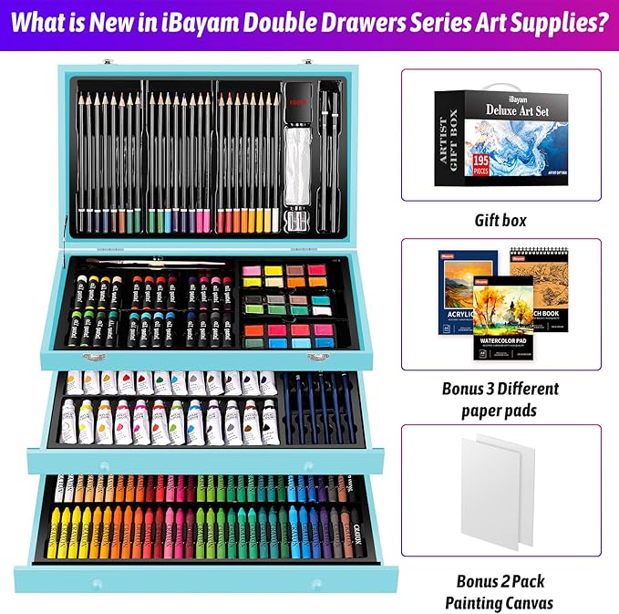 iBayam Art Set for Kids Teens Girls Boys Adult, 195-Pack Deluxe Artist Gift Box with 3 PCS Drawing Pads, A4 Canvases, Arts and Crafts Kits, Painting, Drawing & Art Supplies with 24 Color Acrylic Paint-BubblyBeeBaby