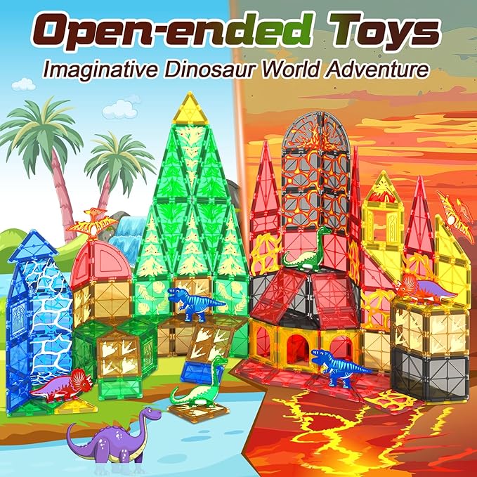 102PCS Dinosaur Toys Magnetic Tiles with 8 Dinosaurs - Jurassic Scenes Dinosaur World Adventure Set, Magnetic Blocks Kids Toys for Boys & Girls Ages 3+, Sensory Toddler Creative Kids Games Gifts-BubblyBeeBaby