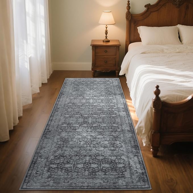 2'6"x8' Washable Runner Rug for Hallway, Non Slip Vintage Floral Long Carpet Runners for Entryway, Kitchen, Bathroom, Bedroom, Low Pile Laundry Rugs with Rubber Backing (Distressed Grey)-BubblyBeeBaby