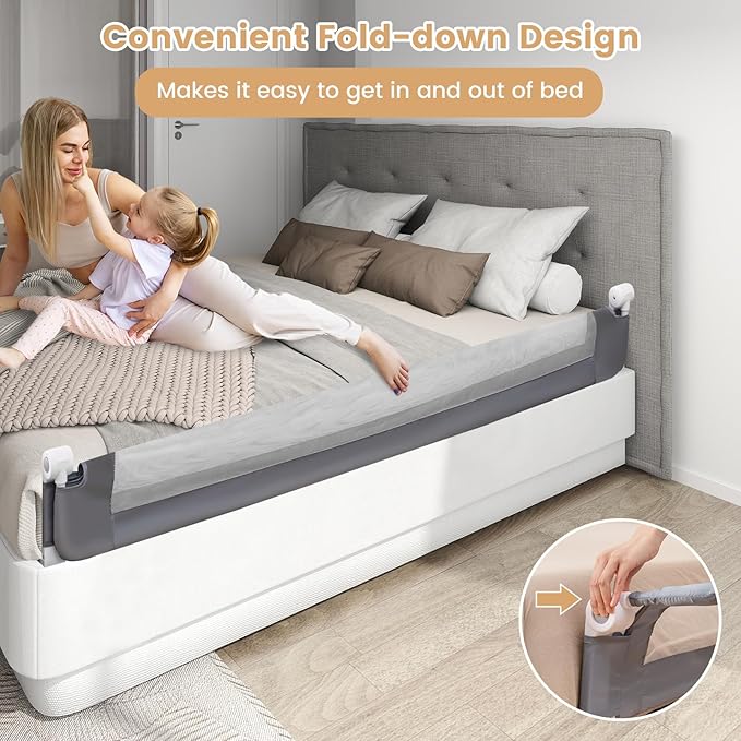 HONEY JOY Bed Rail for Toddlers, Extra Long, Foldable Portable Swing Down Safety Bed Guard Rail, Toddler Bed Rails for Crib, King Queen Full Twin Size Bed Mattress (Light Gray, 2 Pack, 71 Inch)-BubblyBeeBaby