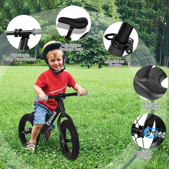 12" Balance Bike for 2, 3, 4, 5 Year Old Boys and Girls, Lightweight Nylon Frame Toddler Training Bike No Pedal Bikes for Kids with Adjustable Seat and Air Tires-BubblyBeeBaby
