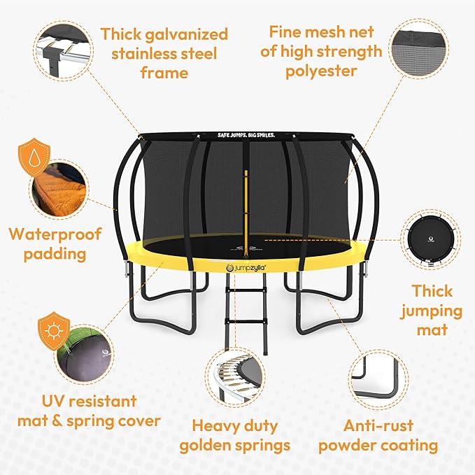 JUMPZYLLA Trampoline Outdoor 8FT 10FT 12FT 14FT 15FT 16FT with Enclosure and Ladder, ASTM Approved Recreational Trampoline for Kids and Adults, Anti-Rust Coated Frame-BubblyBeeBaby