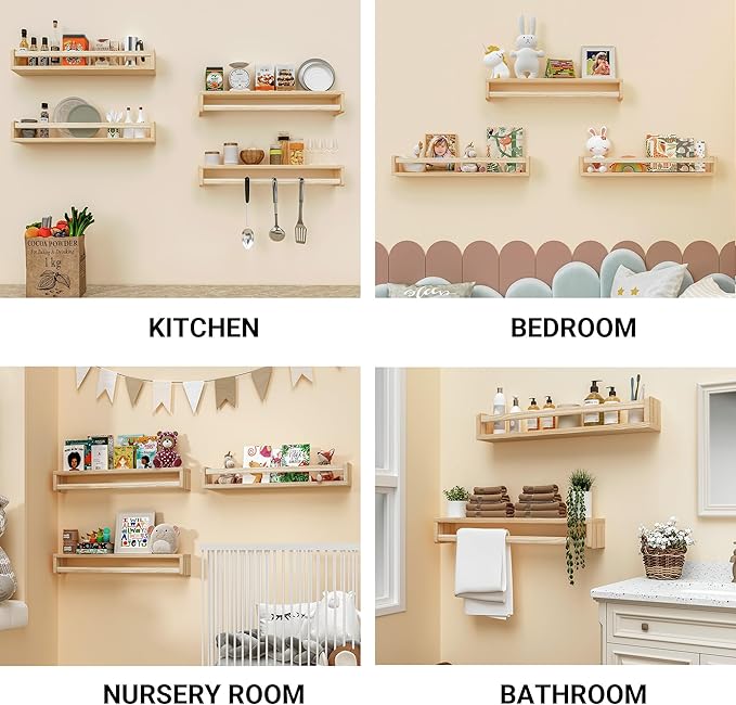 Heimlove Nursery Floating Shelves, Wood Nursery Book Shelves for Wall, 24 inch Wall Bookshelf for Kids Solid Wood for Books,Toys and Decor Storage, Set of 3-BubblyBeeBaby