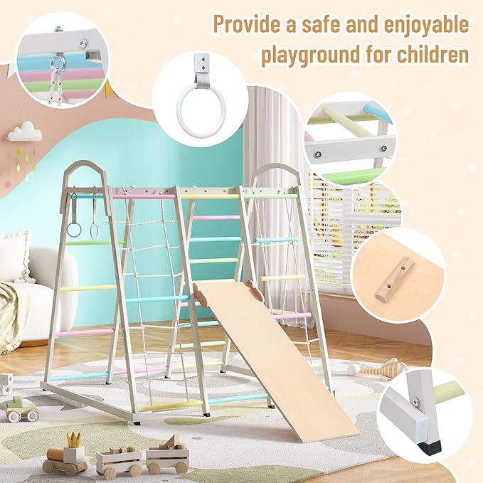 JAXPETY 9-in-1 Indoor Playground, Indoor Jungle Gym for Kids, Toddler Montessori Climbing Gym, Inside Play Gym with Slide, Swing, Monkey Bar, Ladder, Rings-BubblyBeeBaby