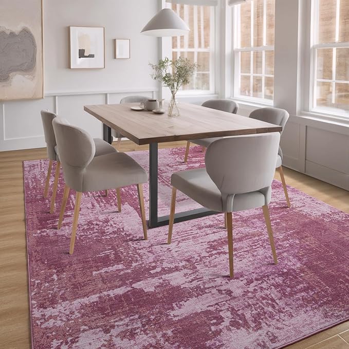 Kelarea Living Room Rug, 6x9 Rug Modern Abstract Washable Rugs Pink Faux Wool Vintage Carpet, Non Slip Rugs for Bedroom, Dining Room, College Dorm, Kids Playroom, Home Office-BubblyBeeBaby