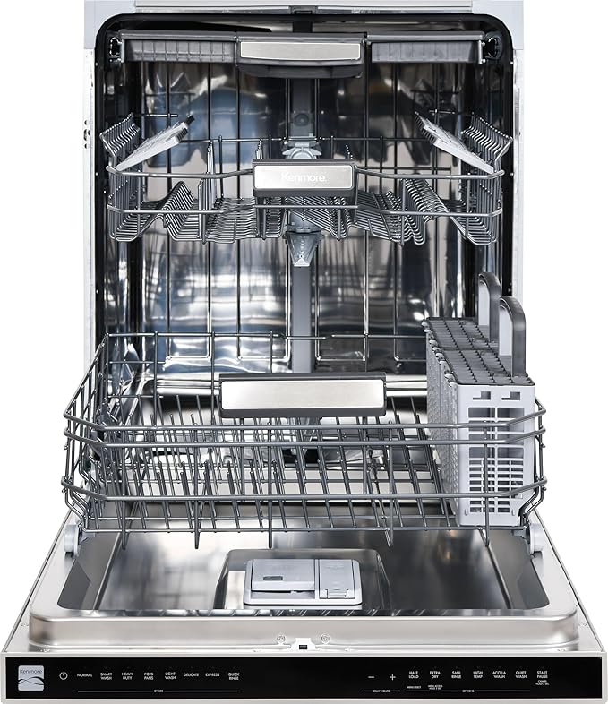 Kenmore 24" Built-in Stainless Steel Tub Dishwasher EasyFlex Third Rack, TurboDry, SmartWash & Reach-Thru Handle-15 Place Settings-45 DBA, Energy Star Certified, Fingerprint Resistant-BubblyBeeBaby