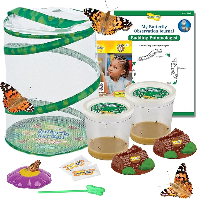 Insect Lore Butterfly Garden with 10 Live Baby Caterpillars - Habitat, Feeder, Chrys-A-Lid Holders, STEM Activity Journal - Raise and Release Painted Lady Butterflies-BubblyBeeBaby