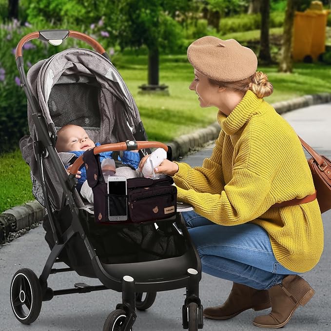 Universal Stroller Organizer with Cup Holders, Detachable Wristlet | Fits All Strollers | Stroller Diaper Bag Organizer with Phone Pocket, Insulated Bottle Holder & Storage Compartments-BubblyBeeBaby