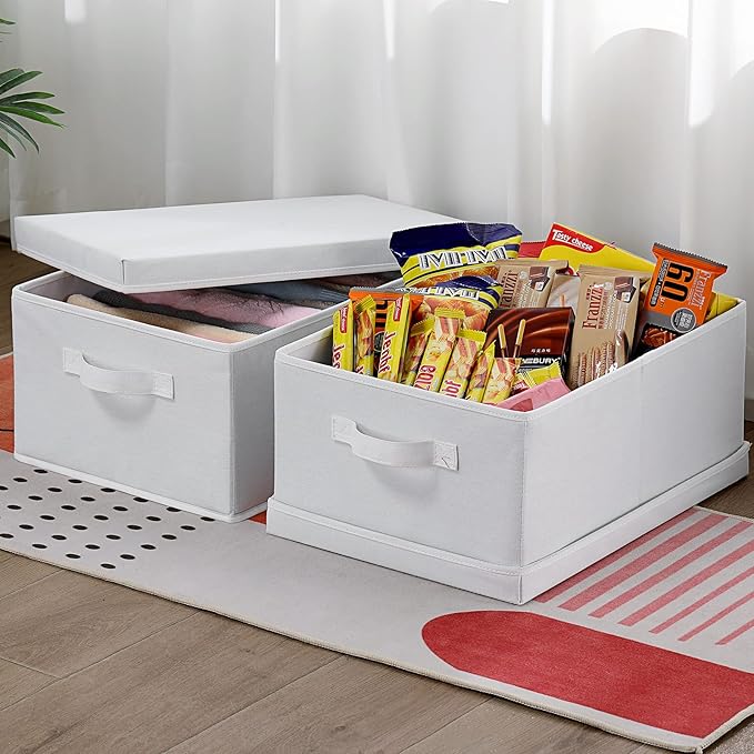 HOONEX Storage Bins with Lids for Organizing, Pack of 2, Storage Boxes with 2 Carrying Handles and Sturdy Heavy Cardboard, 16.5" L x 11.8" W x 7.5" H for Shoes, Books, Clothes, Nursery, White-BubblyBeeBaby