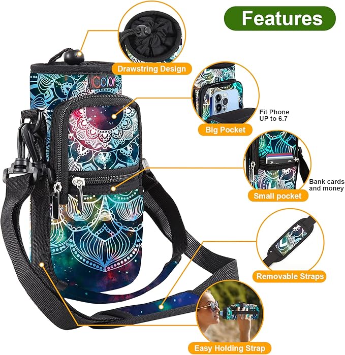 icolor Water Bottle Carrier Bag with Strap 25/32/40 oz Crossbody Bottle Holder with Phone Pocket Sling Sleeve Insulated Neoprene Water Bottle Pouch for Walking Travelling-BubblyBeeBaby