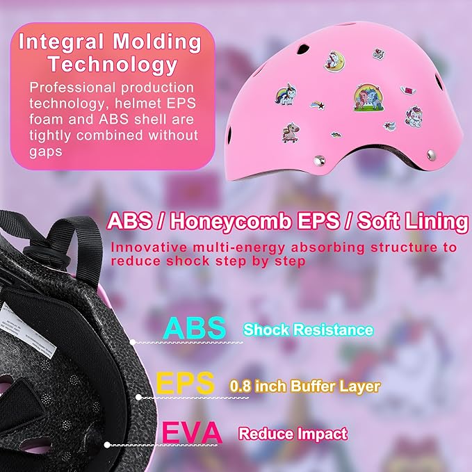 Kids Bike Helmet with DIY Stickers and Knee Pads Elbow Pads Wrist Guard Set for Ages 3-8-14 Toddler Boys Girls Helmet for Roller Skates Cycling Skateboarding Bicycle Scooter-BubblyBeeBaby